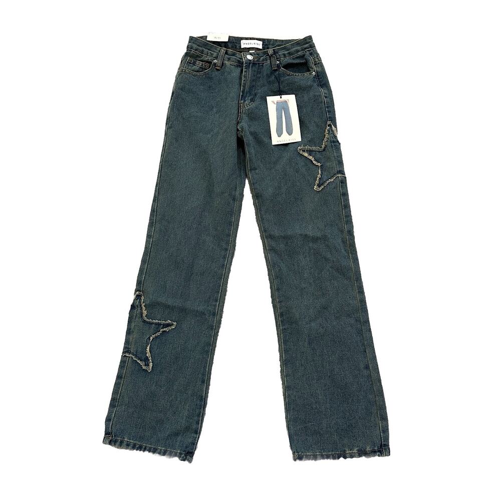 Angel Kiss Jeans Size 00 / 23 Juniors Star Patch high Rise Baggy‎ Blue Denim